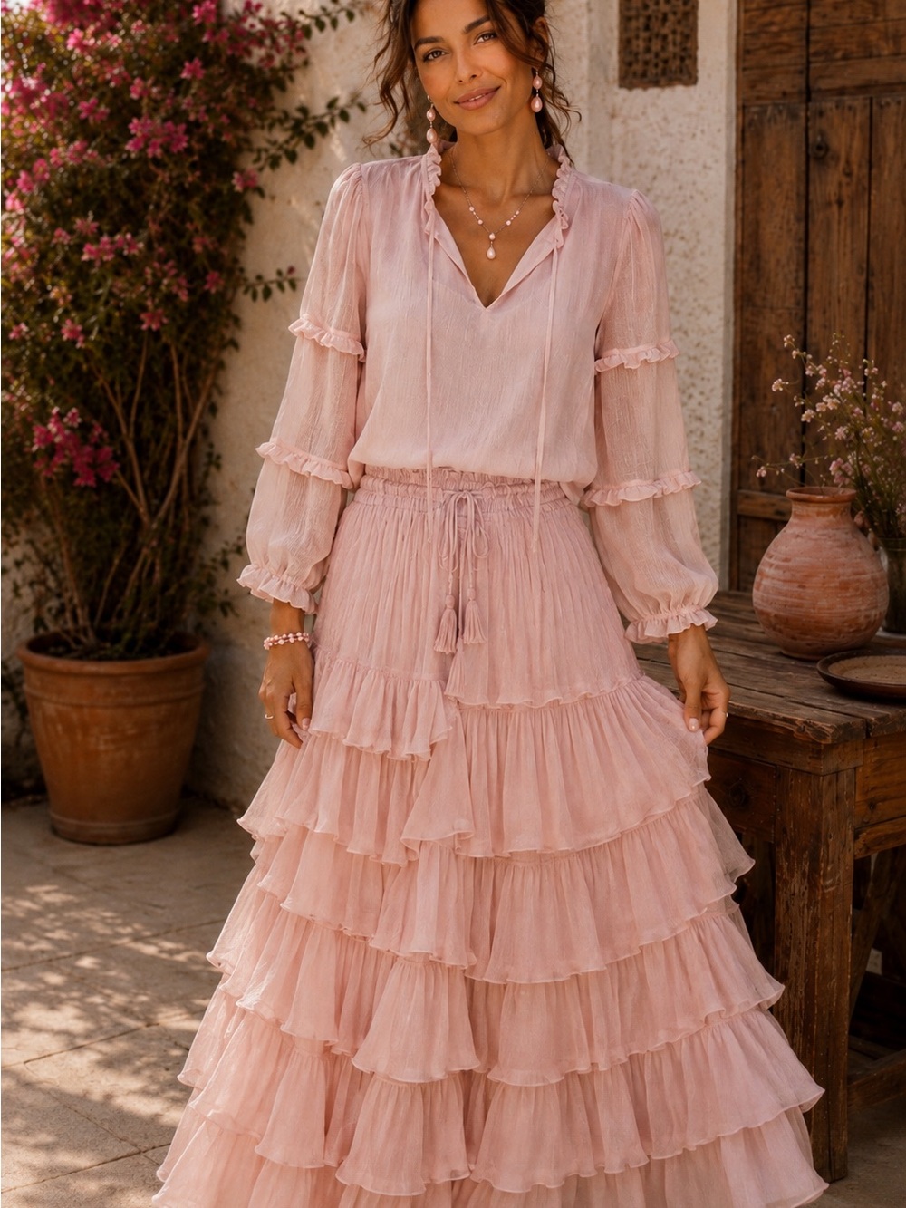 Large Blu Pepper Light Pink Ruffle Long-Sleeve Blouse - Women